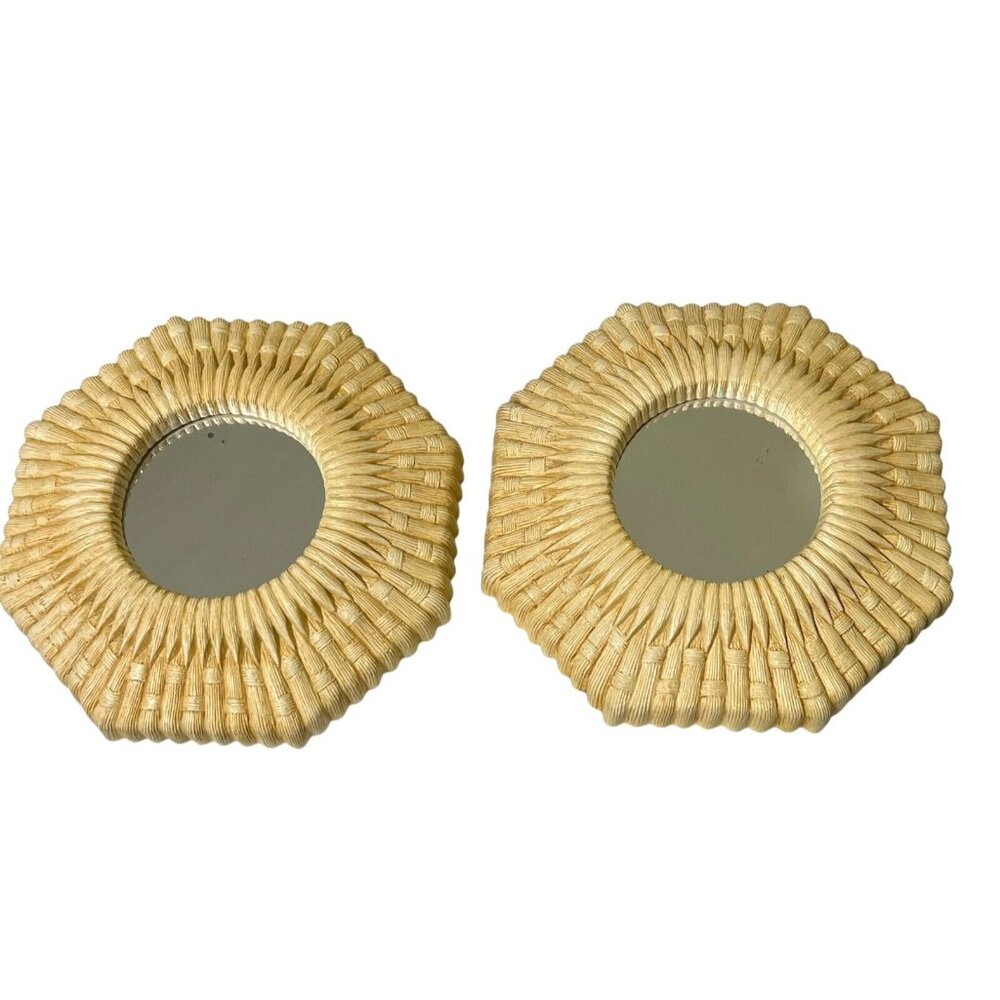 2 Homco Faux Wicker Rattan Wall Mirror Plastic Octagon Beige/Yellow Beach Decor